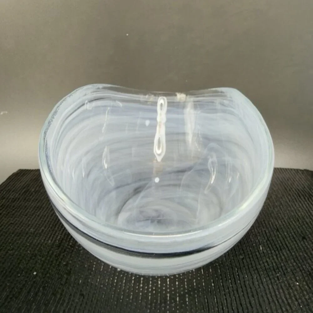 Venetian‎ Art Glass Curved Dish Bowl Recycle Glass Black Swirl Pattern Italy VTG